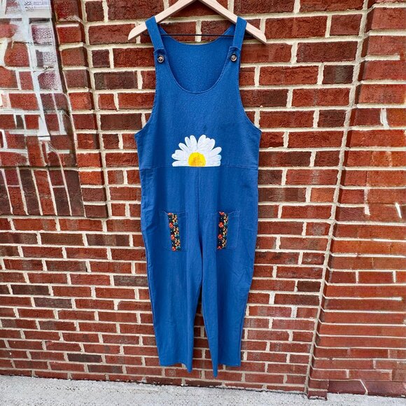 (SOLD) Bib Overall Jumpsuit Teal Daisy Print Baggy Fit Cottagecore Boho Country - Picture 2 of 15